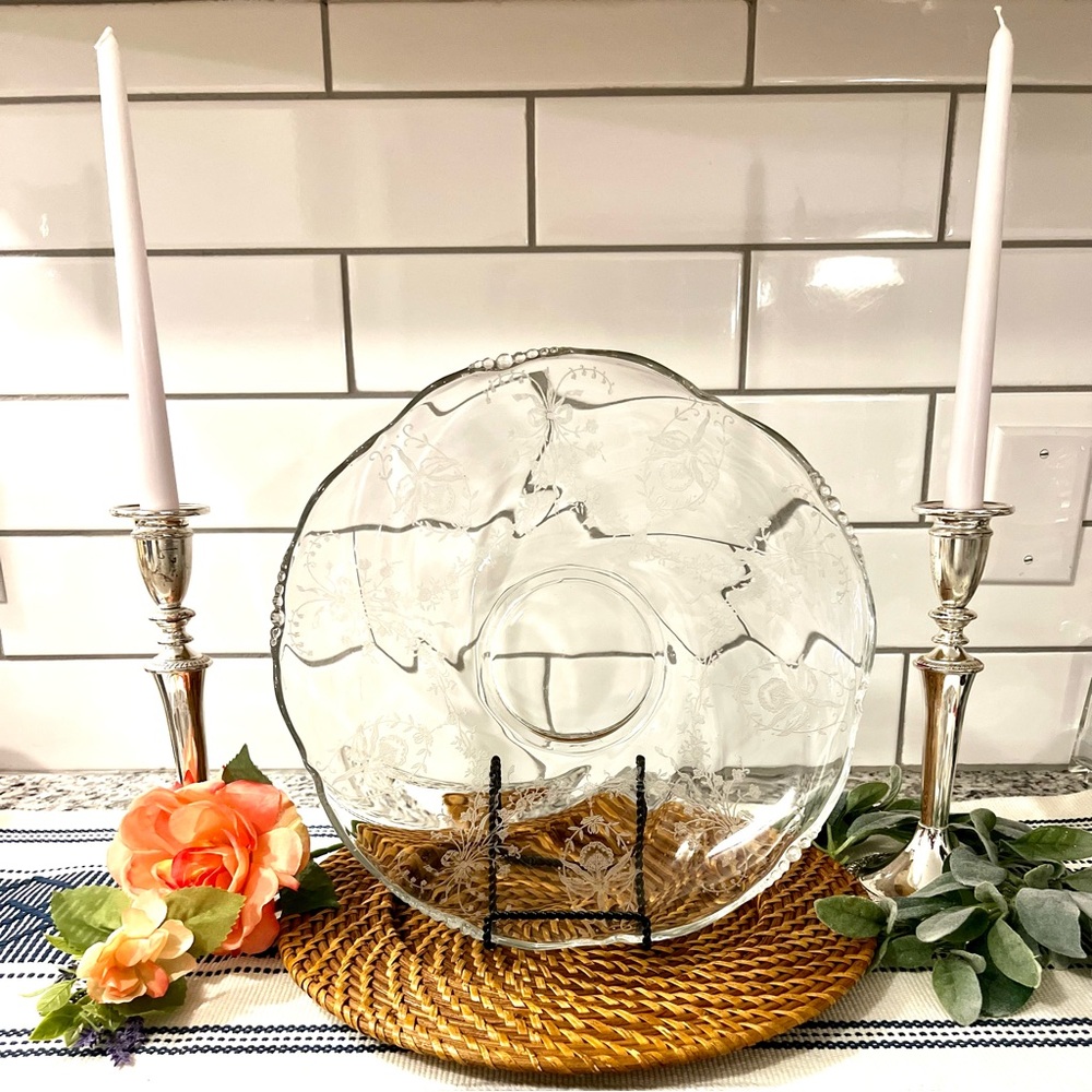 Vintage Heisey Crystal Orchid Etch Salver Platter Ruffled Beaded & Rolled Edge